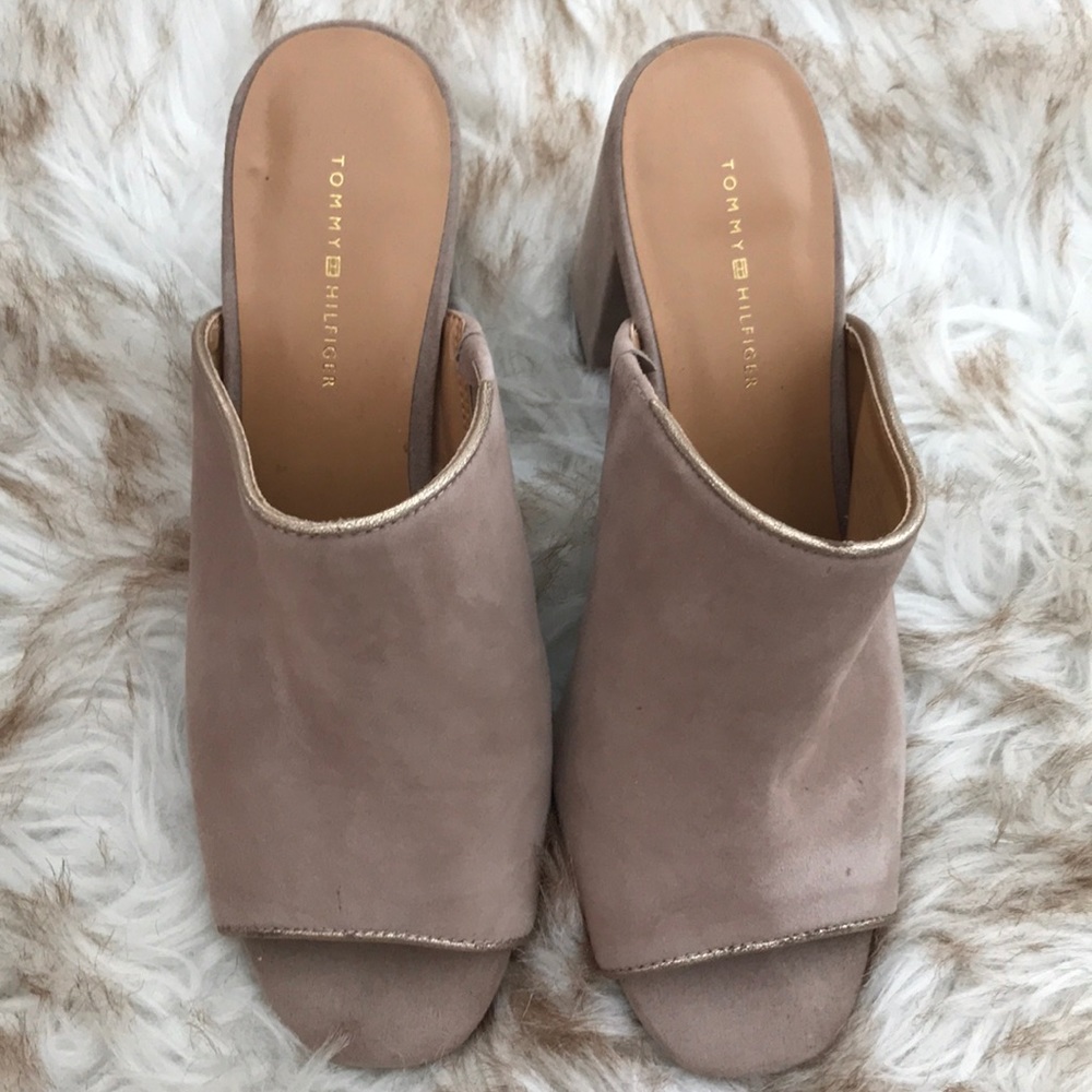 Tommy Hilfiger Tan suede mules.